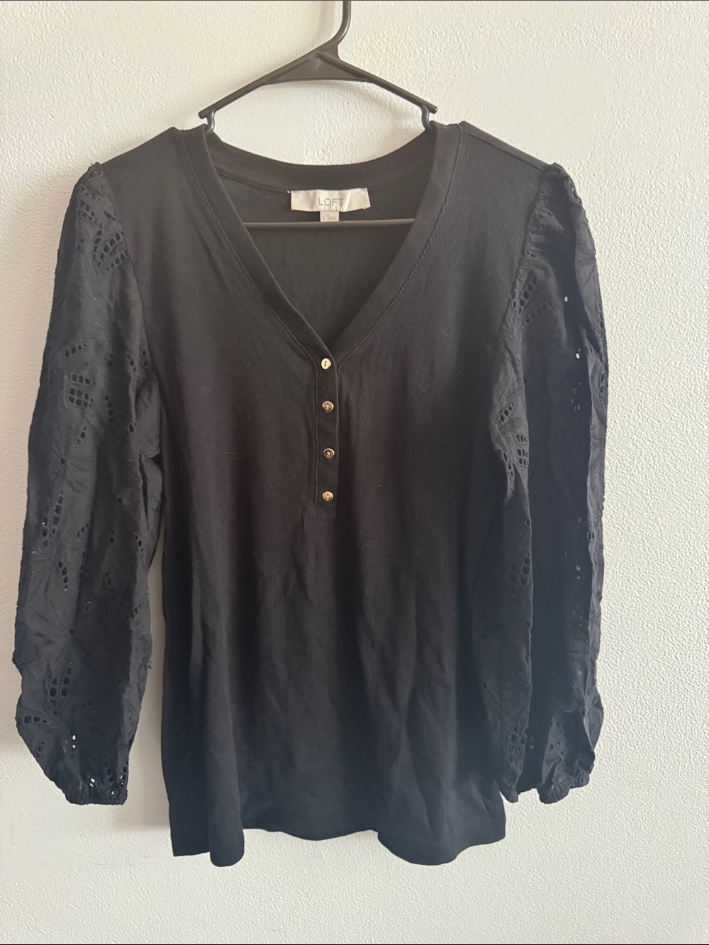 LOFT Black Womens Eyelet Lace Sleeve Blouse size Large